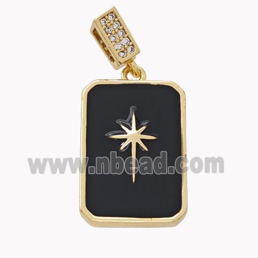 Copper Rectangle Pendant Black Enamel Star Gold Plated