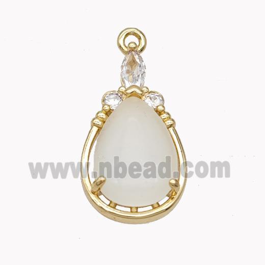 Copper Teardrop Pendant Pave White Cateye Glass Gold Plated