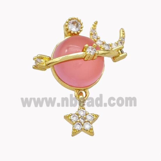 Copper Sun Pendant Pave Pink Cateye Glass Moon Star Gold Plated