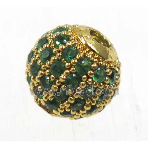 round copper beads pave zircon, gold plated