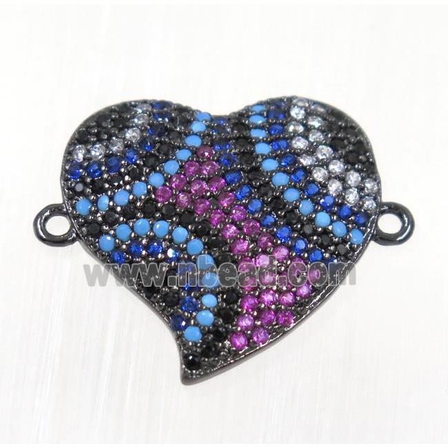 copper Heart connector paved zircon, black plated, multi-color
