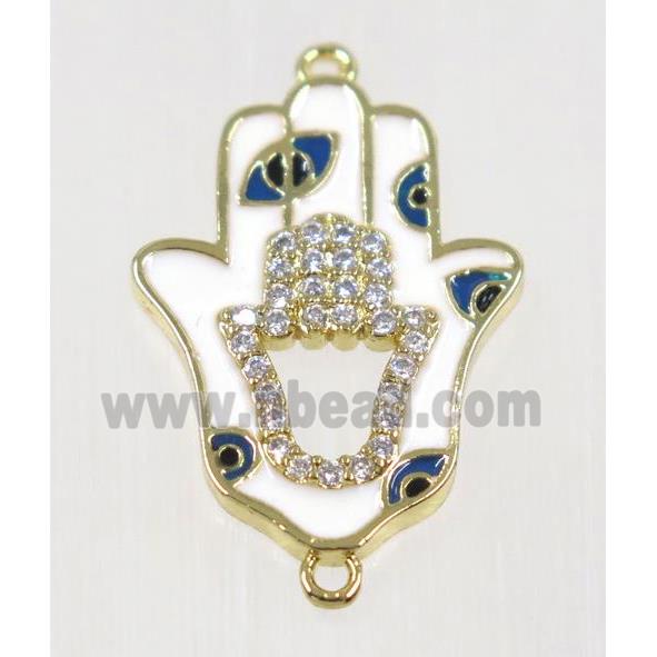 copper Hamsahand connector paved zircon with evil eye, gold plated