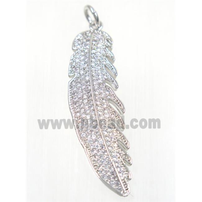 copper Feather pendant paved zircon, platinum plated