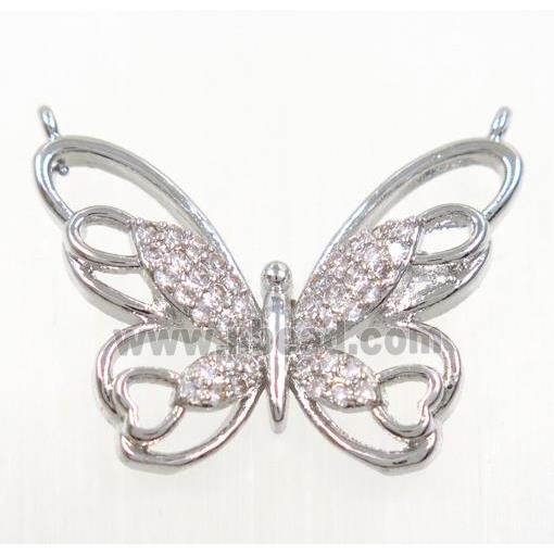 copper butterfly pendant paved zircon with 2loops, platinum plated