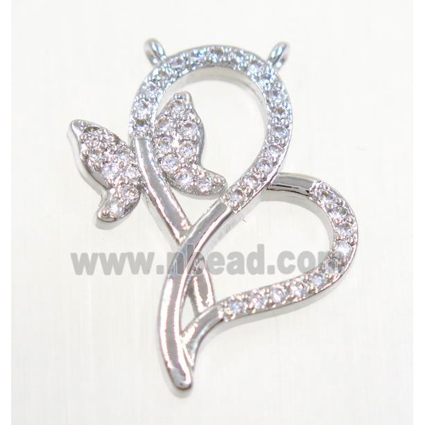 copper pendant paved zircon with butterfly, platinum plated