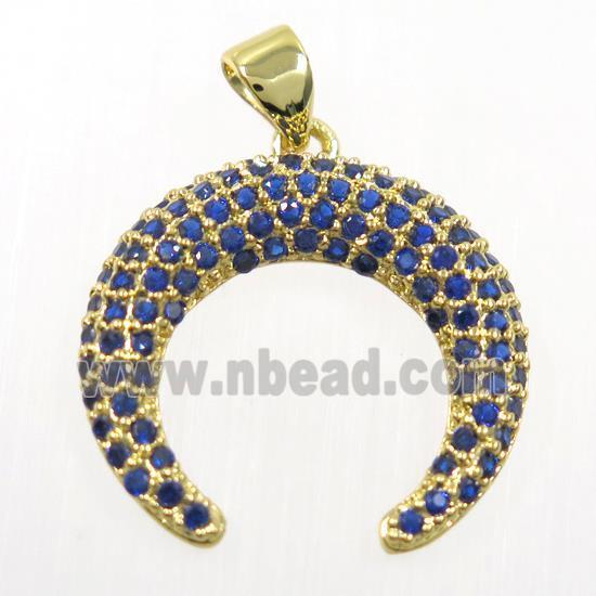 copper crescent pendant paved blue zircon, gold plated