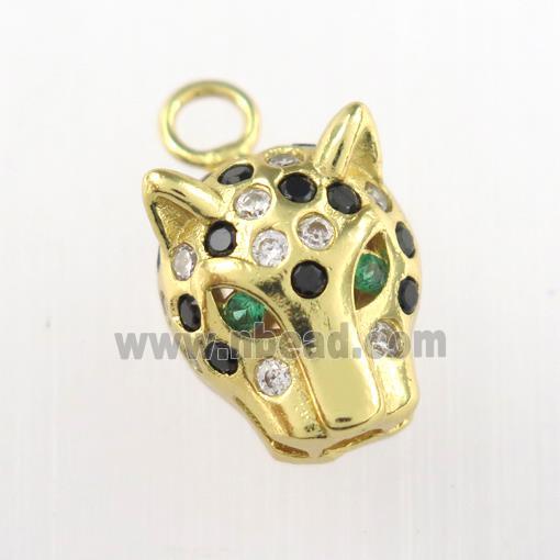copper leopardHead pendant paved zircon, gold plated