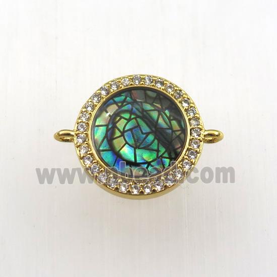 copper circle connector paved zircon with abalone shell, gold plated