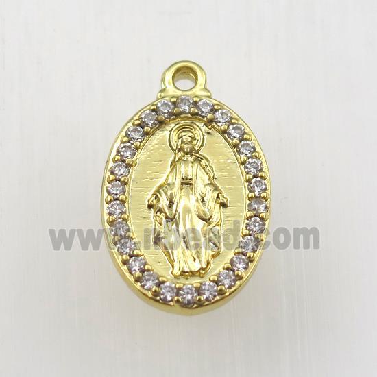 copper Jesus pendant paved zircon, oval, religious, gold plated