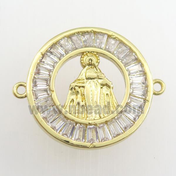 copper circle connector paved zircon with Jesus, gold plated