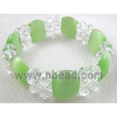 stretchy Bracelet with Chinese crystal beads, cat eye beads, lt.green