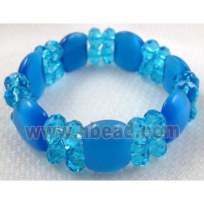 stretchy Bracelet with Chinese crystal beads, cat eye beads, blue