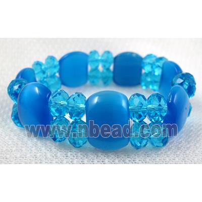 stretchy Bracelet with Chinese crystal beads, cat eye beads, blue