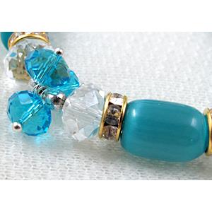 stretchy Bracelet with Chinese crystal beads, rhinestone, cat eye beads, aqua