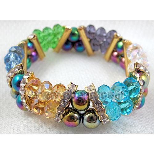 Chinese Crystal Beads Bracelet, stretchy, rhinestone, magnetic hematite, mixed color