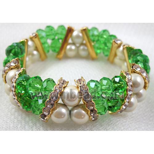 Chinese Crystal Beads Bracelet, stretchy, rhinestone, magnetic hematite, green