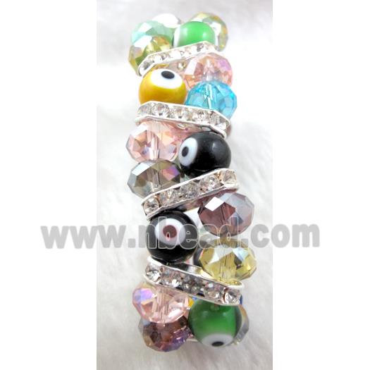 lampwork glass bracelet with crystal beads, stretchy, evil eye