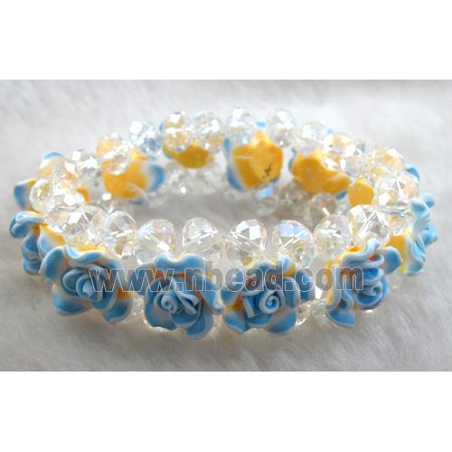 fimo clay bracelet with crystal glass, stretchy, blue