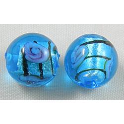 glass lampwork beads with silver foil, line, round, blue