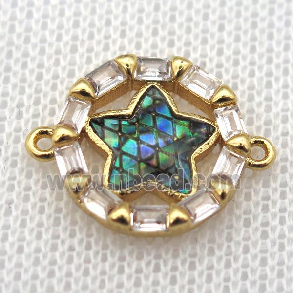 copper circle connector paved zircon with star abalone shell, gold plated