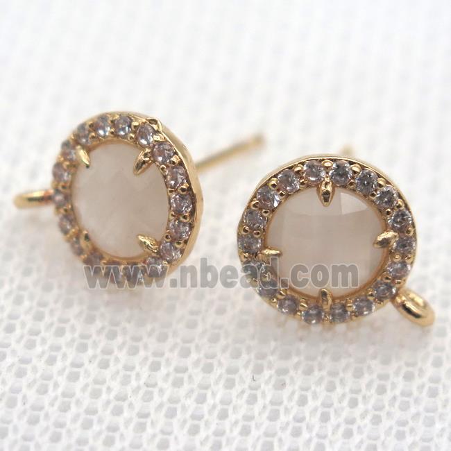 copper circle stud Earrings pave zircon with white crystal glass, gold plated
