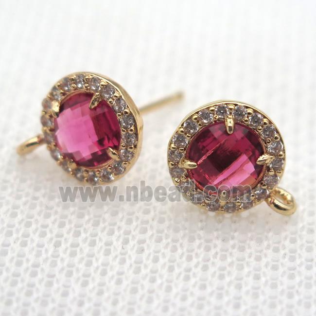 copper circle stud Earrings pave zircon with redwine crystal glass, gold plated