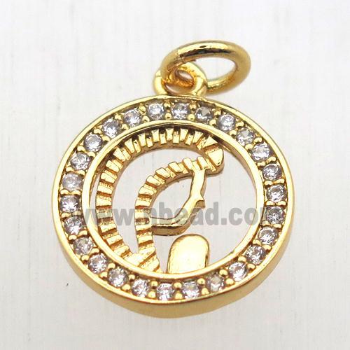 copper circle pendant pave zircon, gold plated