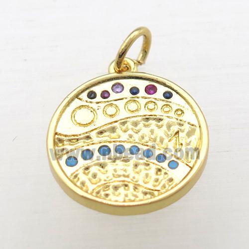 copper circle pendant pave zircon, gold plated