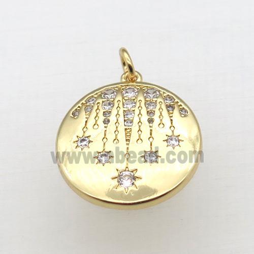 copper circle pendant pave zircon, gold plated