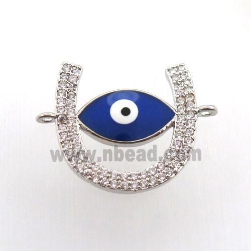 copper U-connector paved zircon with evil eye, platinum plated