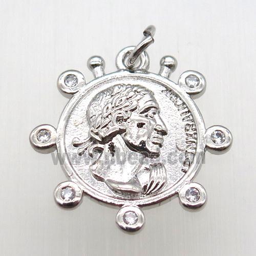 copper coin pendant pave zircon, platinum plated