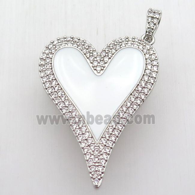 copper heart pendant paved zircon, white enameling, platinum plated
