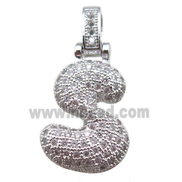 copper letter-S pendant paved zircon, platinum plated