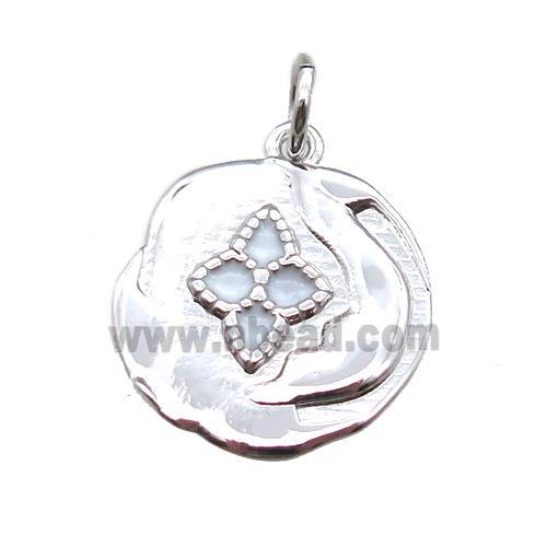 copper flower pendant with enameling, platinum plated