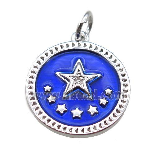 copper circle star pendant, blue enameling, platinum plated