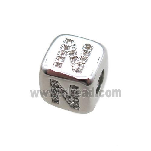copper letter-N beads paved zircon, cube, platinum plated
