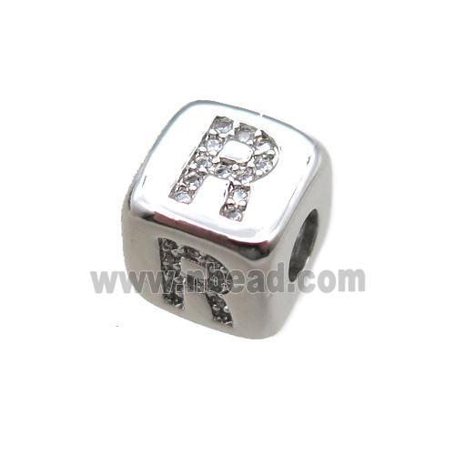 copper letter-R beads paved zircon, cube, platinum plated