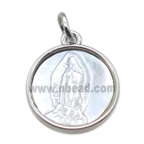 copper circle pendant with virgin mary, platinum plated