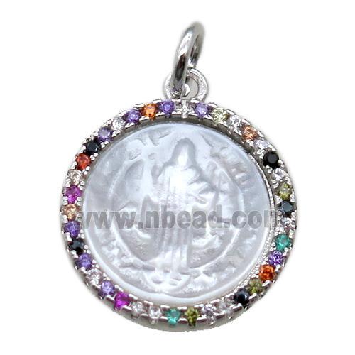 copper circle pendant pave zircon with shell virgin mary, platinum plated