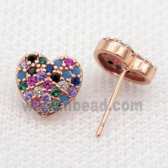 copper Studs Earrings paved zircon, heart, rose gold