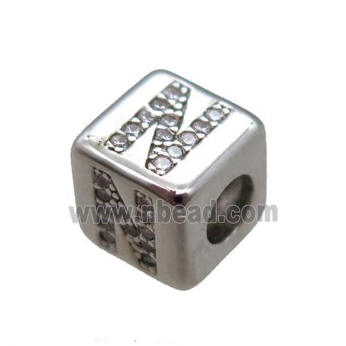 copper cube letter-N beads pave zircon, platinum plated