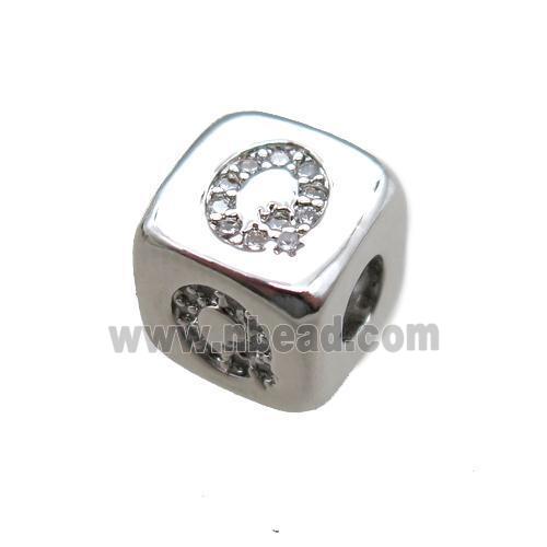copper cube letter-Q beads pave zircon, platinum plated