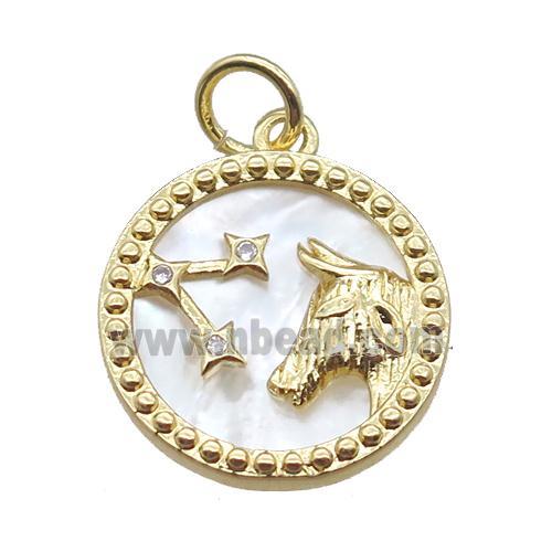 copper circle pendant paved zircon, Zodiac Taurus, shell backing, gold plated
