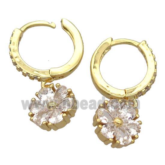 copper Hoop Earrings pave zircon with flower, gold plated