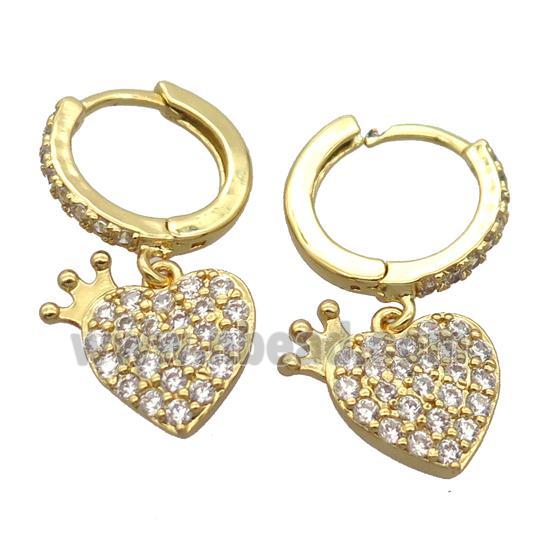 copper Hoop Earrings pave zircon with heart, gold plated