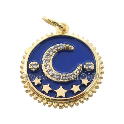 copper circle pendant pave zircon, blue enamel, moon, gold plated