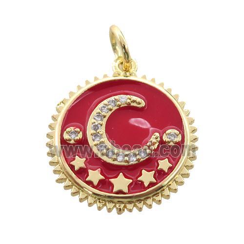 copper circle pendant pave zircon, red enamel, moon, gold plated