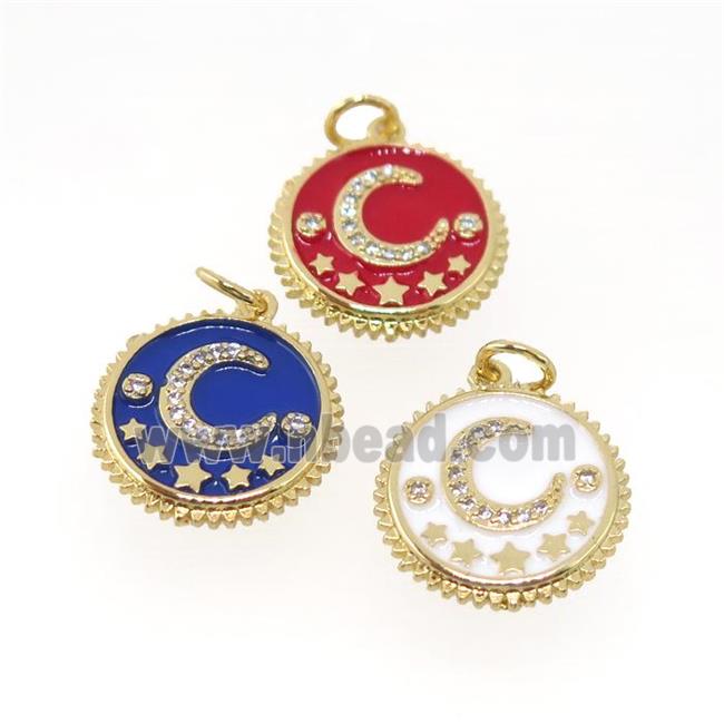 copper circle pendant pave zircon, enamel, moon, gold plated, mix