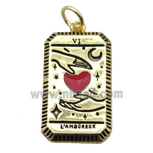 copper rectangle tarot card pendant pave zircon, red heart, gold plated