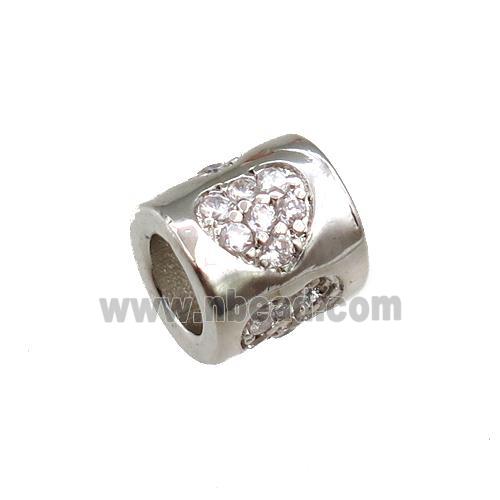 copper tube beads pave zircon, heart, platinum plated